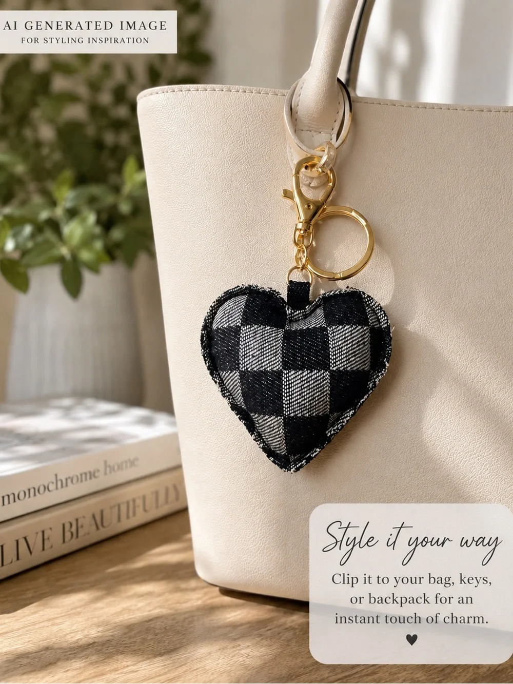 Buffalo Check Heart Bag Charm Keychain Gold Tone